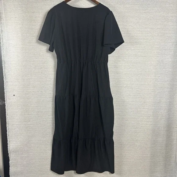 Womens Black Midi Dress 2XL Empire Waist Tiered Flowy Boho Flutter Sleeve V Neck - Picture 4 of 9
